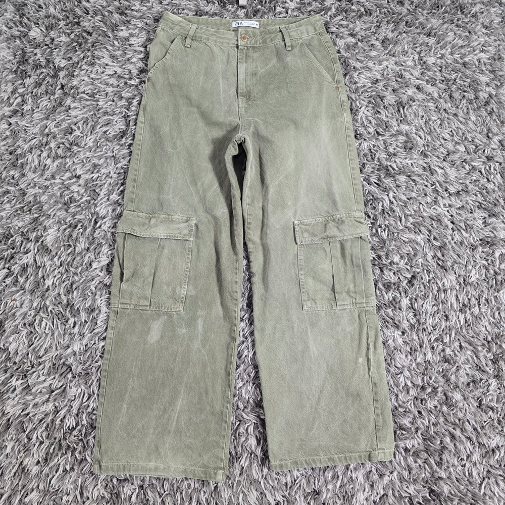 Zara Olive Green Wide Leg Cargo Pants Mens 32x31 Relaxed Fit Cotton Denim 3639
